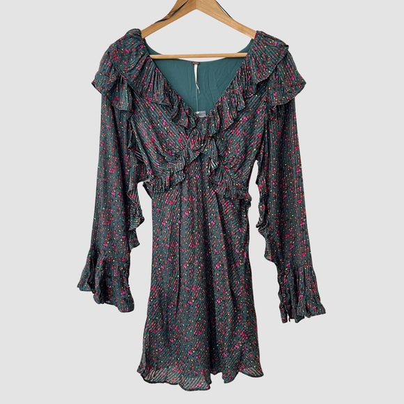 Free People | Dresses | Free People Floral Print Green Ruffle Mini ...